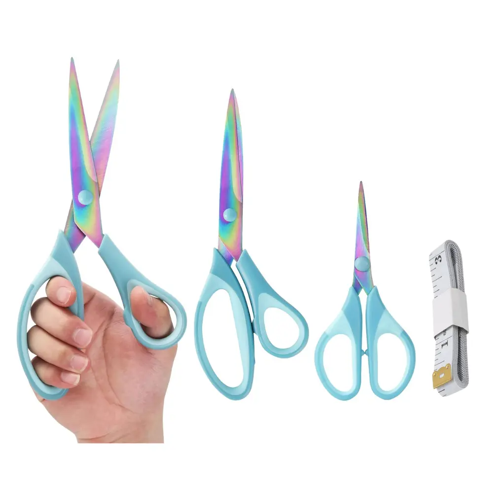 Titanium Steel Blade Multipurpose Shears Kit with Rainbow Finish - 3-Pack Sharp Shears, 1Pc Tape Measure, Rubber Comfort Grip Handle, Ideal for Car Repair, Craft Work (Automotive Assembly & Disassembly Tools)