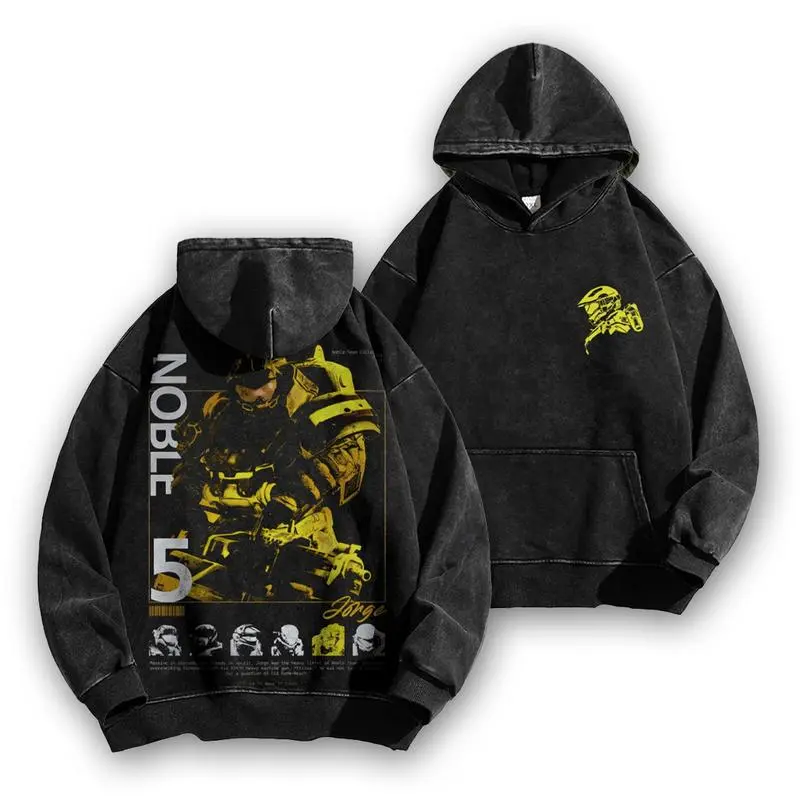 *Halo Reach* Acid wash cotton hoodie, RPG graphic sweatshirt-Long Sleeve Cotton Unisex Vintage Hoodie