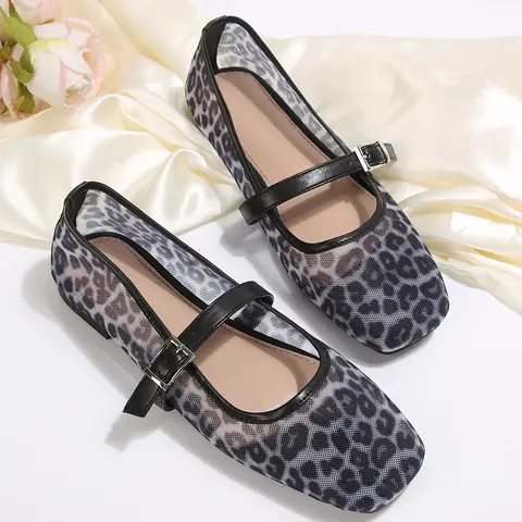 Women's Leopard Print Mesh Ballet Flats Square Closed Toe Flat Shoes For Outdoor Indoor Wear Springfresh Summer Vibes