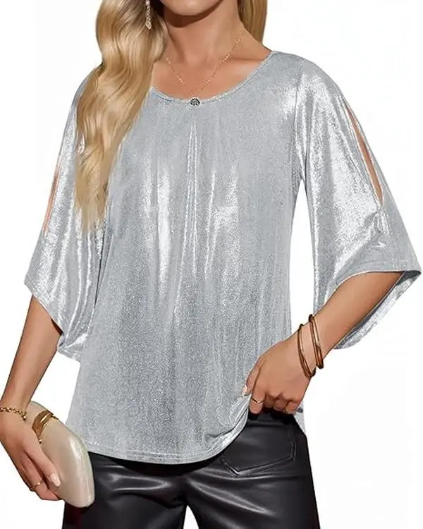 Yousify Women's Silver Polyester Elastane 3/4 Sleeve Tops Trendy Glitter Sparkly Pleated Blouse Casual Party Crewneck Loose Fit Shirts Minimalist Basic Womenswear,back to school,back to school shopping