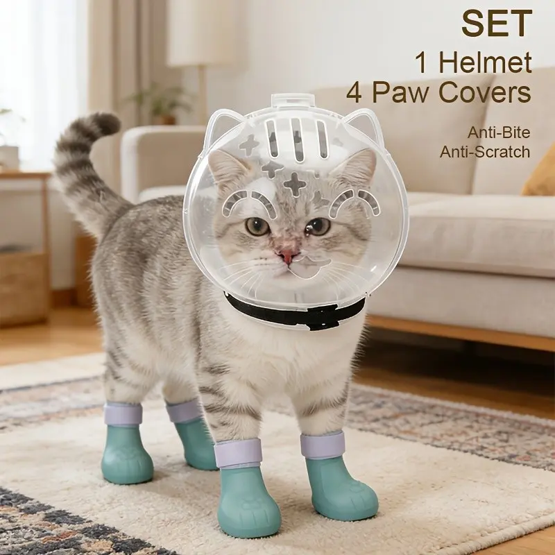 Cat Grooming Set, Cute Transparent Astronaut Bubble Helmet and 4 Silicone Claw Protectors, Safe for Bathing, Nail Trimming, and Vet Visits, Kitten Grooming Supplies