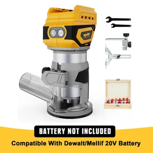 Brusless Compact Router,  Cordless Palm Router Compatible with DeWalt 20V MAX Battery (Tool Only) 28,000RPM 600W w/Fixed Base, 12PCS 1/4" Router Bits, 5-Speed, Edge & Roller Guides, Dust Hood Yellow Wood