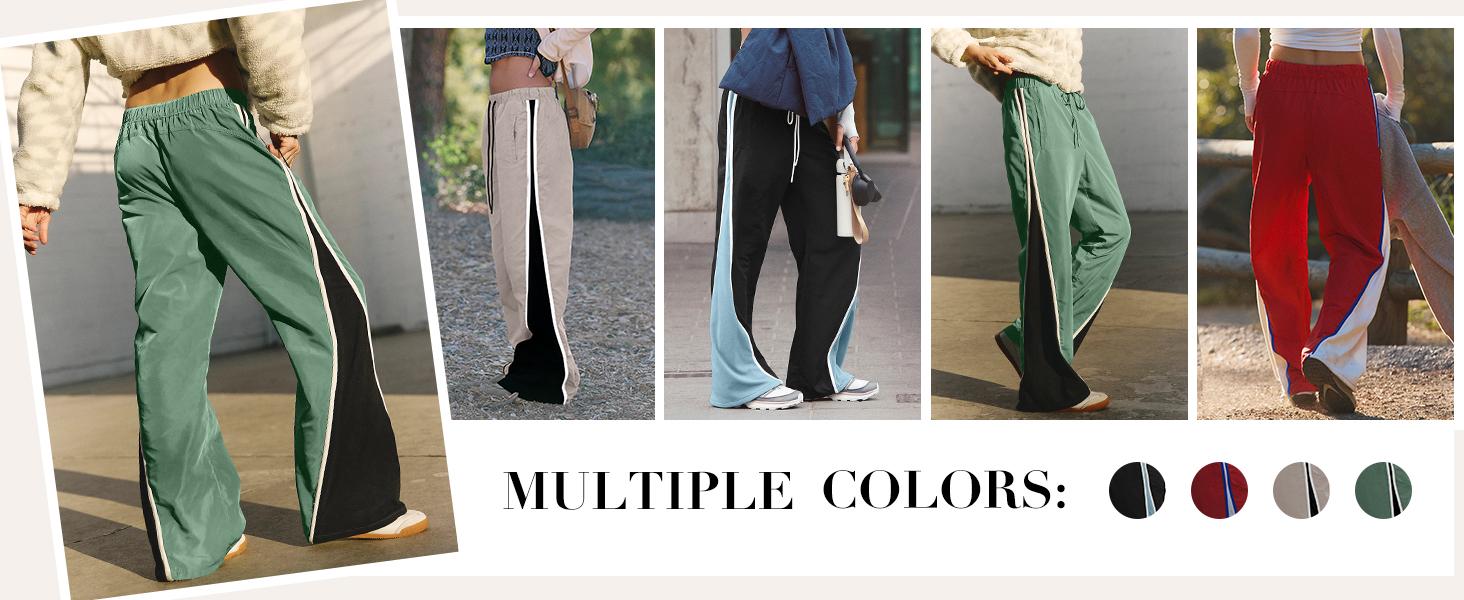 YeeZaa Stripe Track Pants for Women Retro Athletic Wide Leg Pants High Rise Drawstring Waist Color Block Street to Gym Versatile Styling TikTok Viral Fashion All Season Everyday Streetwear