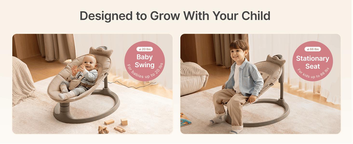 Momcozy 2-in-1 Electric Baby Swing, Dual-Arm Support System & Parent-Inspired Motions, Convertible to Toddler Seat up to 66 lbs, Adjustable Height, Lightweight, Khaki