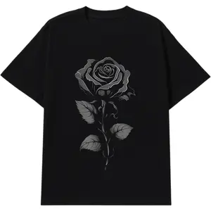 Gothic Rose Graphic Tee for Men – Black Oversized T-Shirt with Dark Floral Print, Trendy Streetwear Top for Fall Fits & Alt Aesthetic Outfits Crewneck Cotton