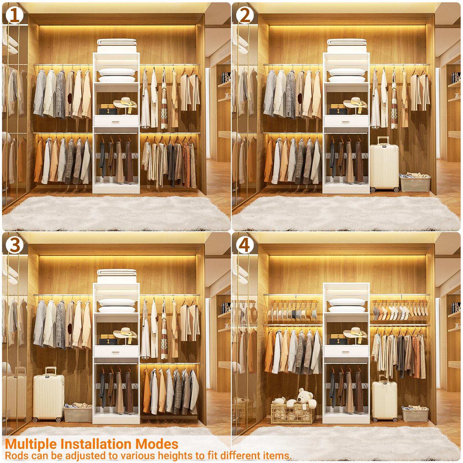 8FT Closet System, 96 Inch Walk-in Closets Organizer Kit with 4 Extendable Hanging Rods and Drawer, Protable Wardrobe Closet Storage Organizer with Adjustable Wood Garment Rack, Sturdy Closet Insert, White