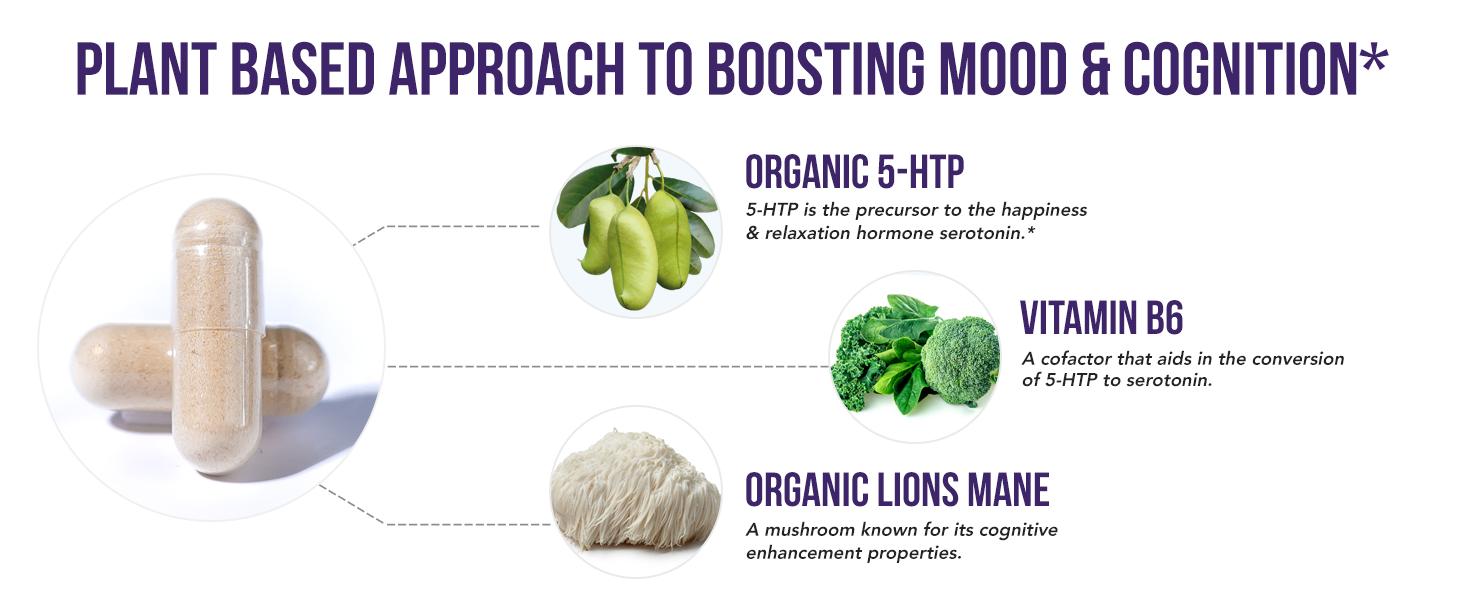 Plant 5-HTP 200 mg, 99% 5HTP Plus Cofactor Vitamin B6 & Lion’s Mane | Water Extracted from Organic Griffonia Seeds | Supports Mood, Cognition & Sleep