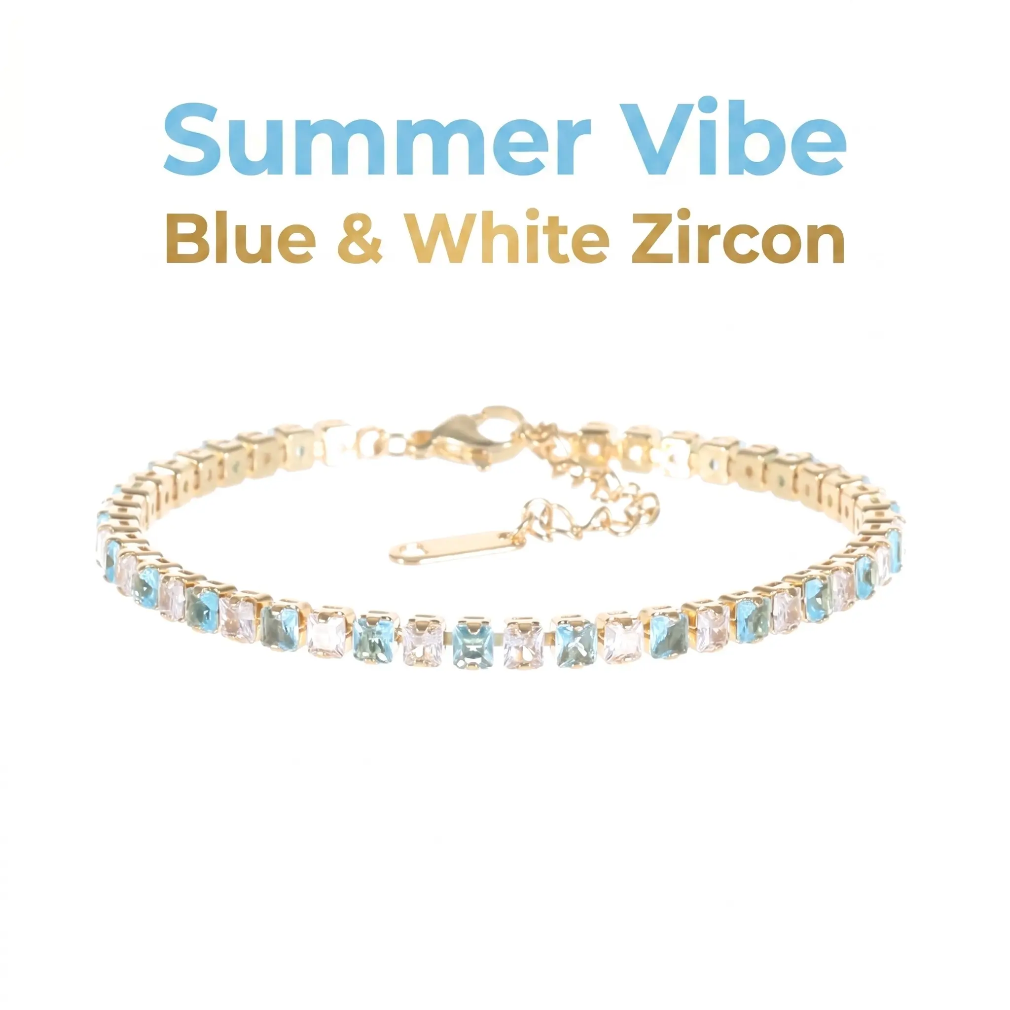 Blue & White Square Tennis Bracelet for Women, Minimalist Gold-Plated Slim Chain with Cubic Zirconia, Adjustable Basic Jewelry for Stacking, Tennis Bracelets, Gold Aesthetic, Synthetic, Stone, Geometric, Wrist Layering, Daily Wear, Bracelet Stacking