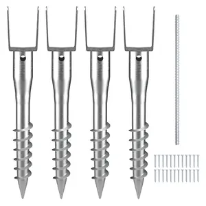【FathersDayGift】VEVOR No Dig Ground Anchor,  , 4 Pack 3.94 x 2.76 x 27.56 in DIY Screw in Post Stake, Includes 6 Lag Bolts & a Rebar, U-Shape Heavy Duty Steel Post Holder, Great for Mailbox Posts and Fence Posts