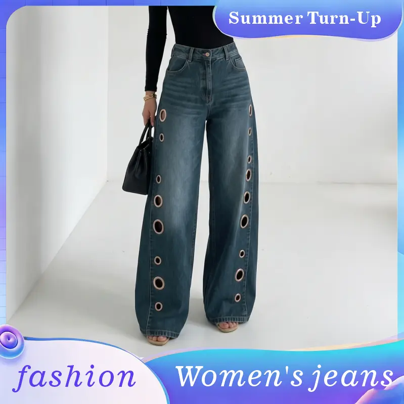 Women’s high-waisted wide-leg jeans, casual loose relaxed fit denim long pants with metal eyelet cutout design, retro Y2K street style, fashionable everyday outdoor casual pants. Sizing runs small—we recommend ordering one size up.