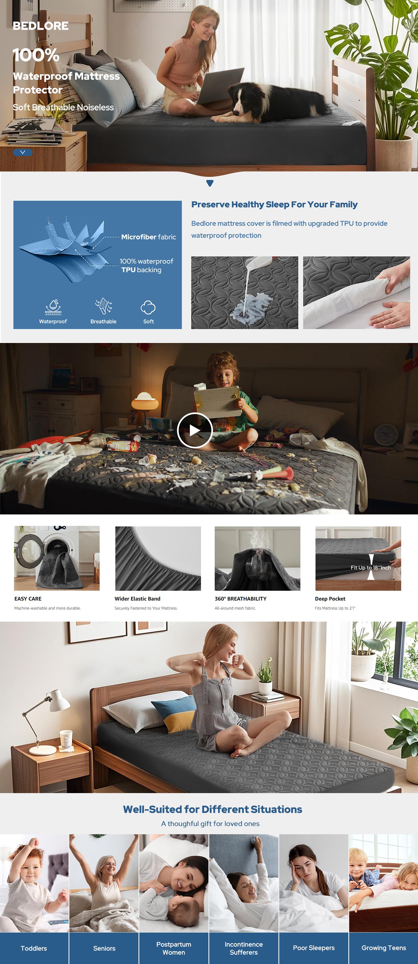 【BEDLORE】Soft Waterproof Breathable Mattress Pad, Deep Pocket Design Fits 6–15 Inch Mattresses, Dustproof Comfortable Bed Cover for Bedroom & Guest Room