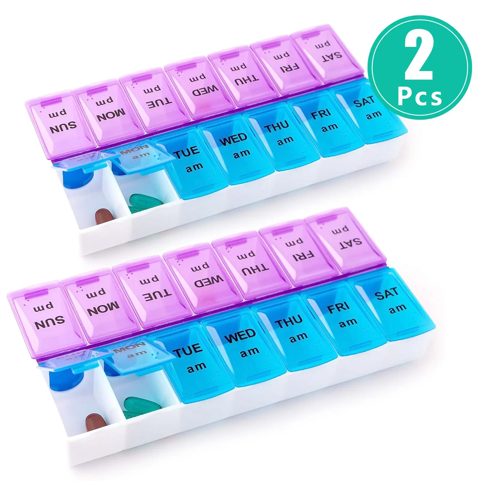 2-Piece Compartmentalized Date Vitamin Dispenser - 7-Day AM/PM Labeled High-Capacity Removable Pill Organizer with Multi-Color Slots, Easy Pick for Supplements, Capsules, Home Storage