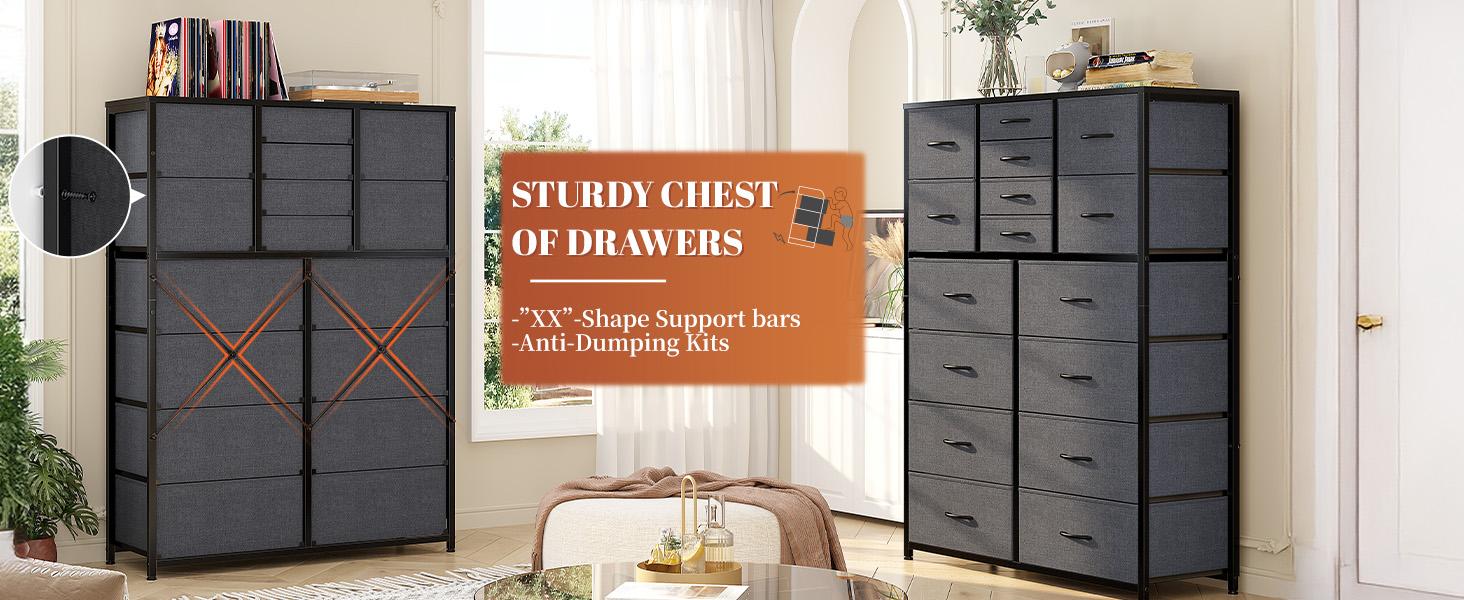 RaybeeFurniture 16 Drawer Dresser for Bedroom, Chest of Drawers with Fabric Bins, Sturdy Metal Frame, Wood Tabletop Storage Organizer for Guest Room, Closet, Entryway