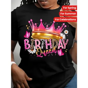 Elegant Women's Birthday Queen Graphic TShirt Featuring Glitter Crown Design and Comfort Fit for Spring and Summer Celebrations