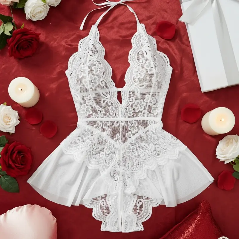 AESKEIA Women's Halter Neck Floral Lace Babydoll Nightgown - Elegant Deep V-Neck Chemise, Sheer Mesh Flared Skirt, Lightweight Nylon Fabric Romantic Gift for Her, Elegance