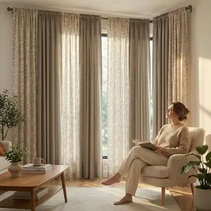 Curtain Club 8 Panels 52x84inch Custom Set, consisting of 4 sheer printed curtains and 4 plain cotton curtains. All are rod-covered styles, of high quality, with blackout function. FT5502 + A018