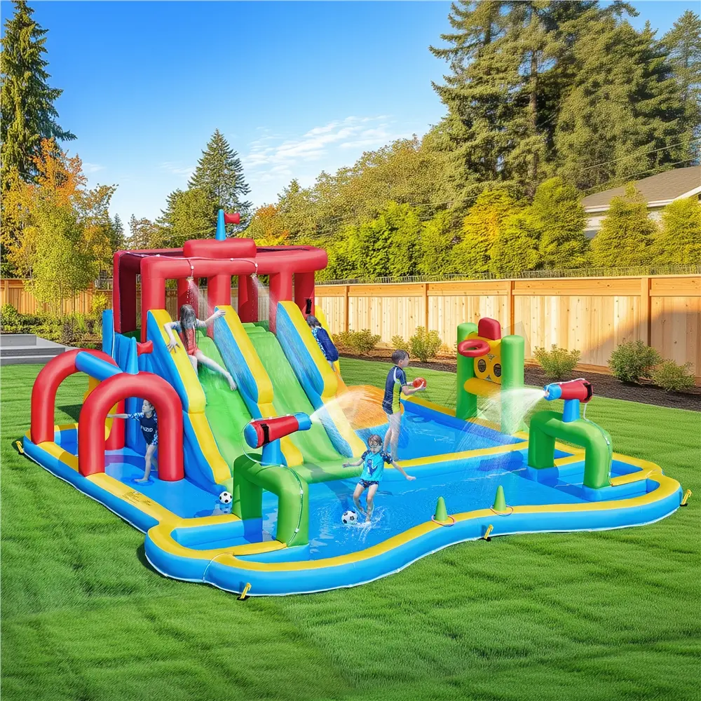 Yaheetech Cooling Inflatable Water Slide, Double Lane Water Slide, Combo W/ Storage Bag & 650W Blower, 2 Slides & 2 Pools & 2 Water Cannons & Tunnel & Basketball Hoop & Climbing Wall & Punching Bags & Ring Toss Game, For Kids Aged 3 To 10