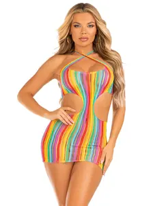 Technicolor Dream Crossover Halter Rainbow Fishnet Mini Dress