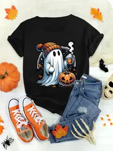 Women's Halloween Costume Ghost Pumpkin Print Top: Cotton loose sporty party-style cute elegant stretch home casual crewneck short sleeve, Halloween-themed, suitable for holiday wear;
