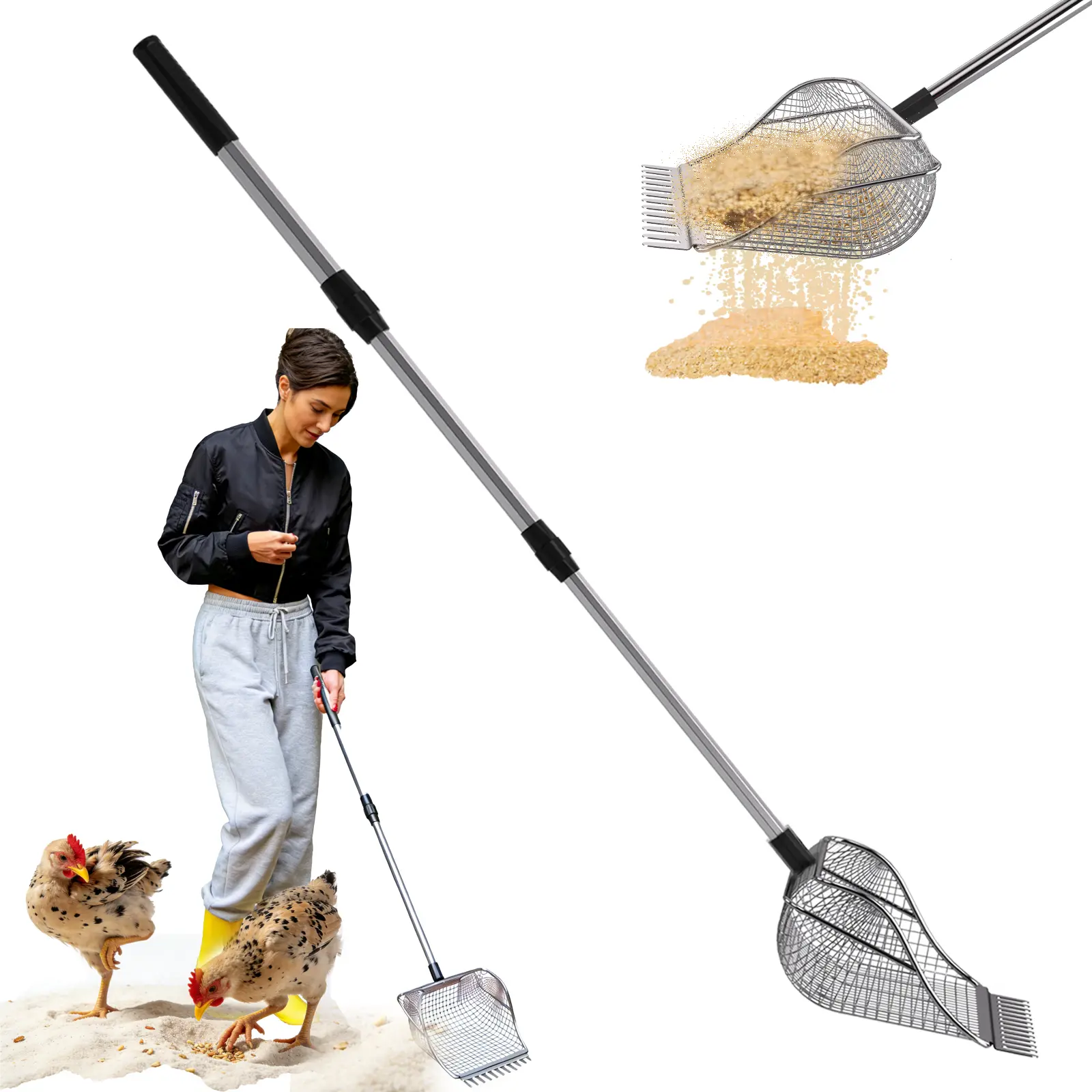 Chicken Poop Scooper,  Rake&Scoop 2-in-1,Adjustable Telescopic Pole, Sifting Shovel Litter Scooper,Household Tool For Chick Poultry Waste Clean At Chicken Coop Home Backyard