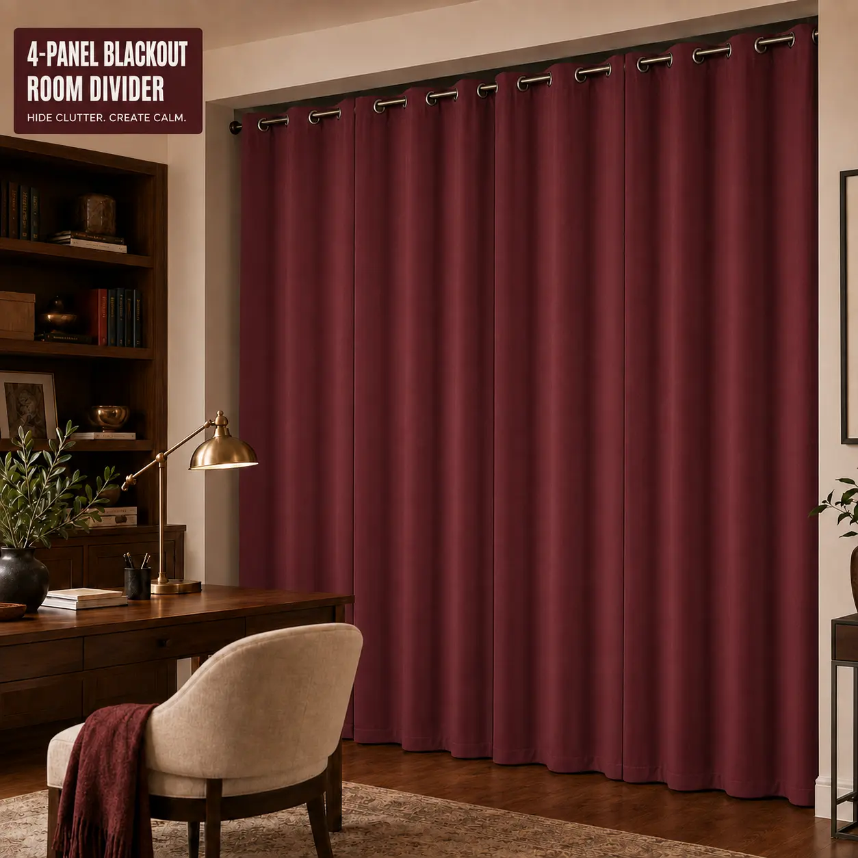 4-Panel 100% Blackout Room Divider Curtains - Lightweight Fabric Grommet Top Privacy Drapes with Smooth Texture for Home Offices, Multi-Size Options Available in Multiple Colors, Bedroom Decor, Functional Decor