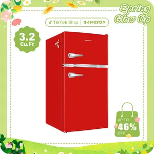 BANGSON 3.2 Cu.Ft Retro Double-Door Mini Fridge with Top Freezer, Adjustable Thermostat, Energy-Efficient & Quiet, Compact & Easy to Clean, for Office/Apartment/Dorm, Red, Black, Cream White