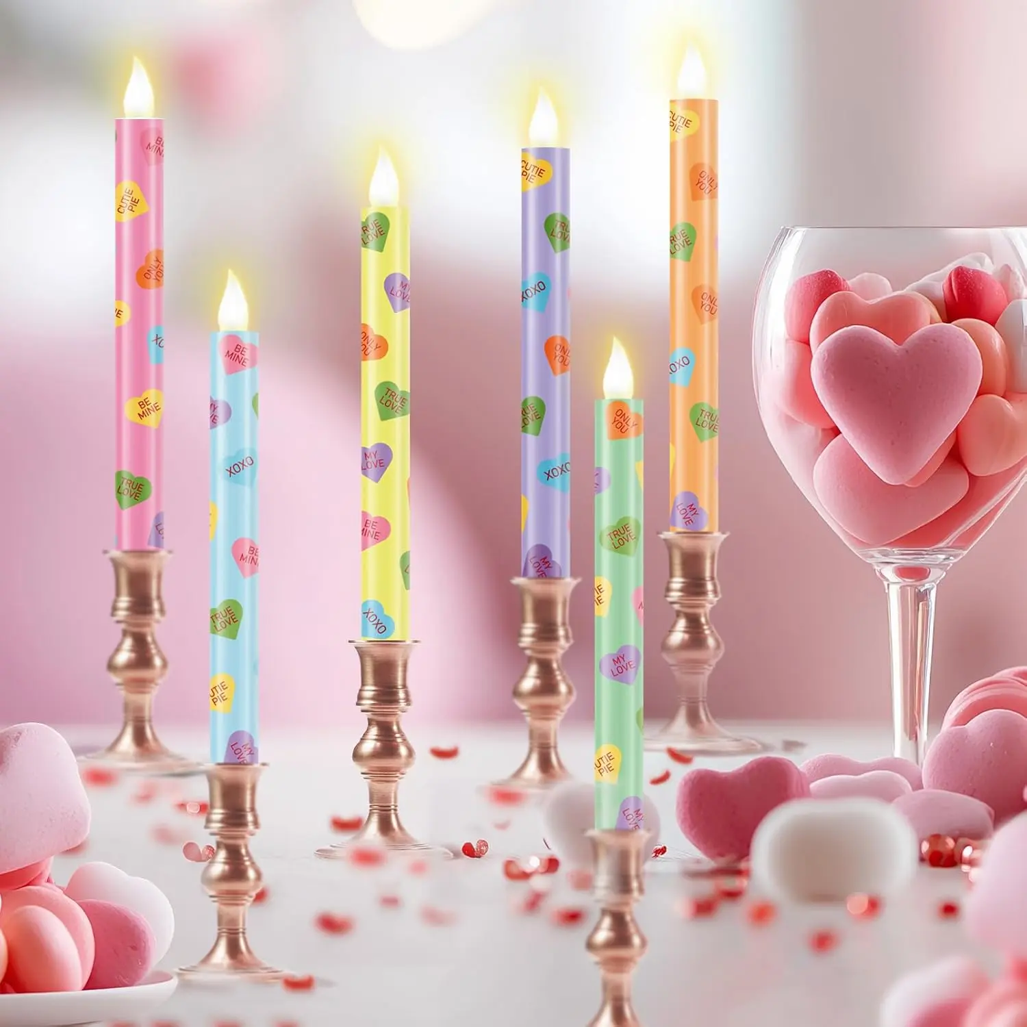 6 Pcs Valentines Day Flameless Taper Candles 8.7 Inch Candy Conversation Heart Battery Operated LED Candlesticks for Valentines Day Home Party Decor Anniversary Wedding Supplies