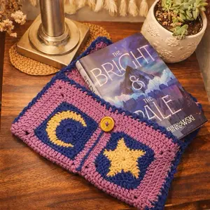 Handmade Crochet Book Cover Moon and Star Bohemian Mystical Boho Style with Vibrant Colors and Unique Design
