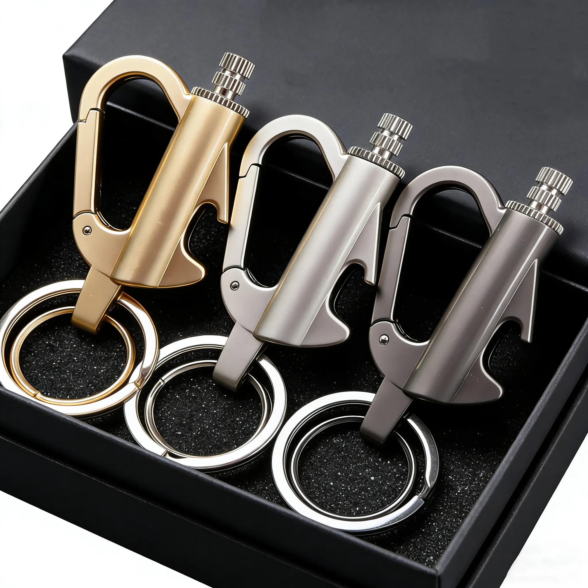 Men's 3-in-1 Compact Multifunctional Keychain with Clip - Cool Keychains, Waterproof Refillable Fuel Lighter, Bottle Opener, Ideal Gift for Brother Father's Day Hiking Camping (Fuel Not Included)