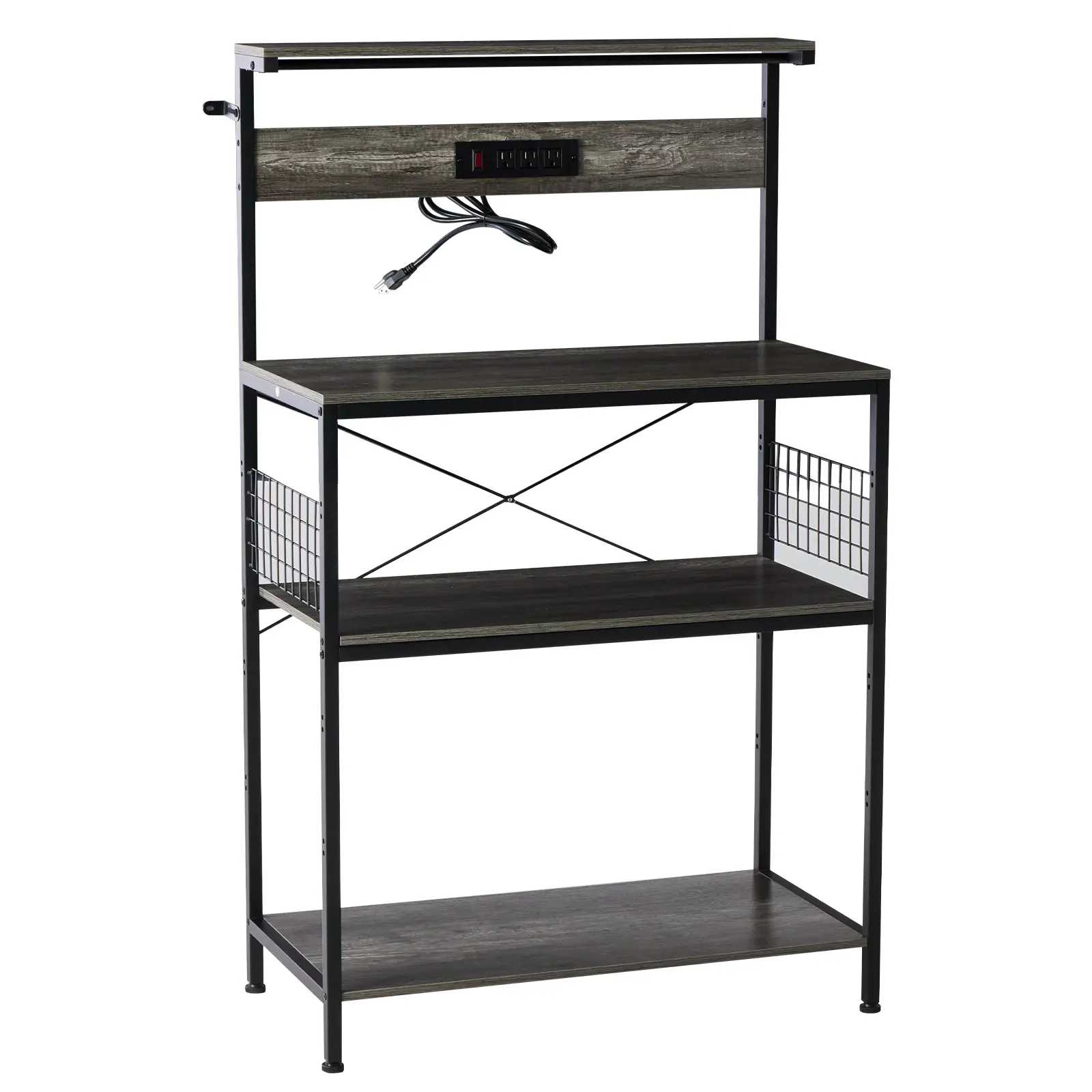Bakers Rack with Power Outlet,Kitchen Microwave Stand,-Tier Coffee Bar Station,Kitchen Storage Shelf Rack for Spices,Pots,Rustic Brown,Adjustable Storage,Grey color,23.6 X 16.5 Inch Larger Desktop,Built-In Power for Kitchen Convenience