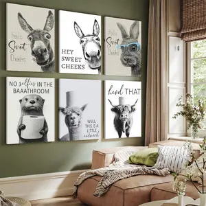 Funny Bathroom Movie Wall Decor, Unique Artwork Hello Sweet Cheeks Funny Donkey Toilet Wall Decor, Bathroom Humor Decor, Amusing Wall Art Gift for Him, Black And White Film Poster