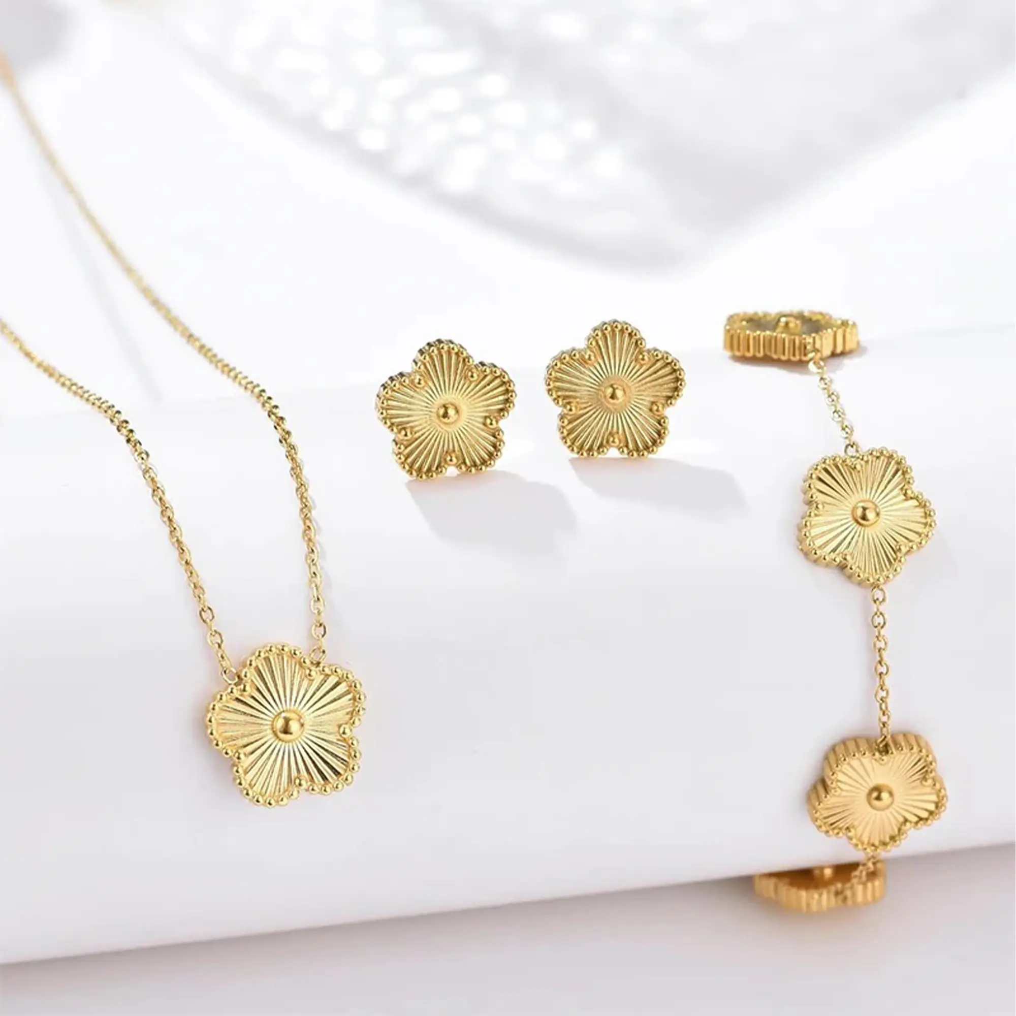 LUX-JELWEL - Metal Laser Five Leaf Flower Bracelet Necklace Earrings Jewelry Set Classic For Woman Stainless Steel Jewelry Daily Wear Clover