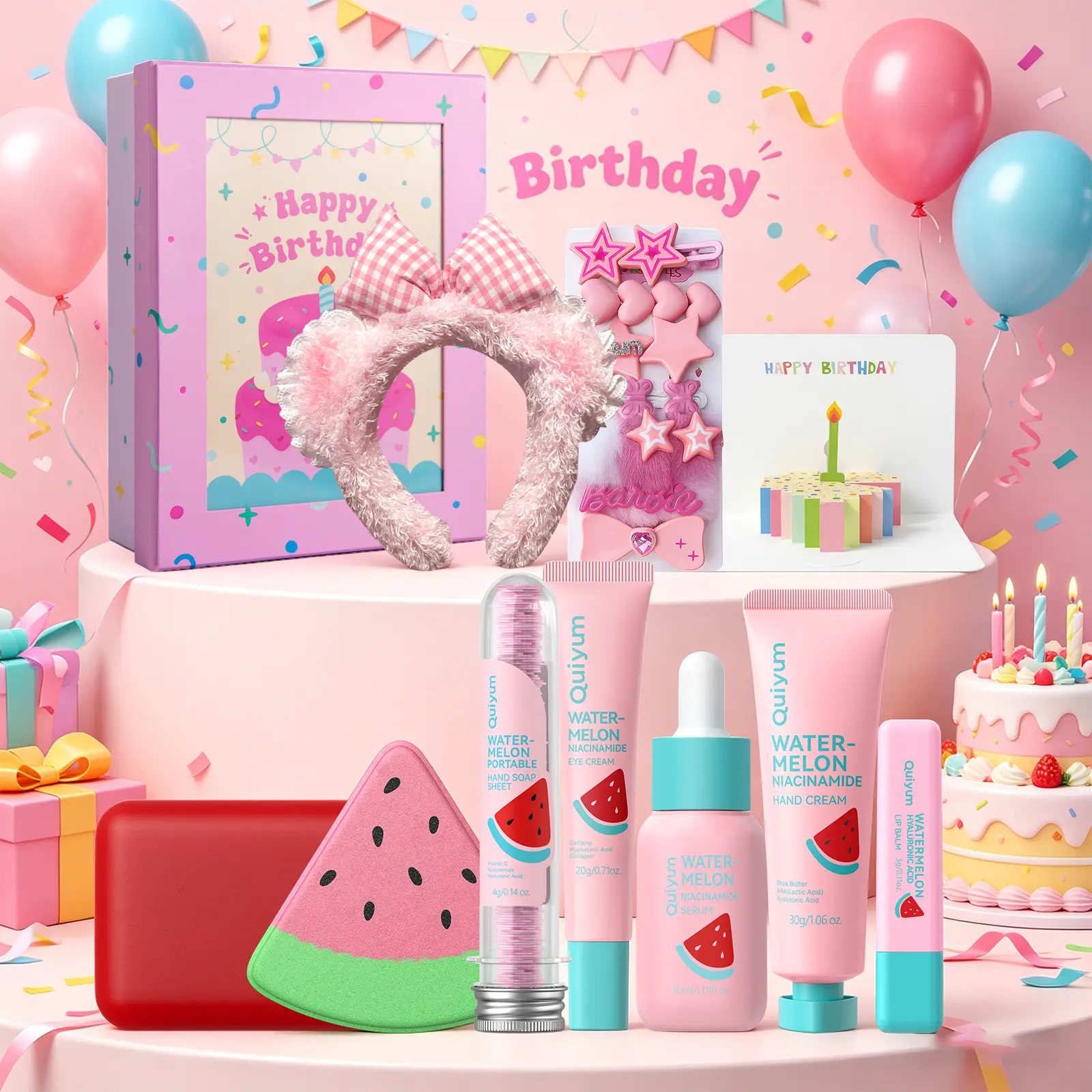 Cute Spa Birthday Gift Box for Teen Girls | Watermelon Skincare Self Care Kit, Self Care Spa Gift Box with Hair Clips Headband, Ideal Birthday Gift for Teenage Girls, Young Women & Girlfriend
