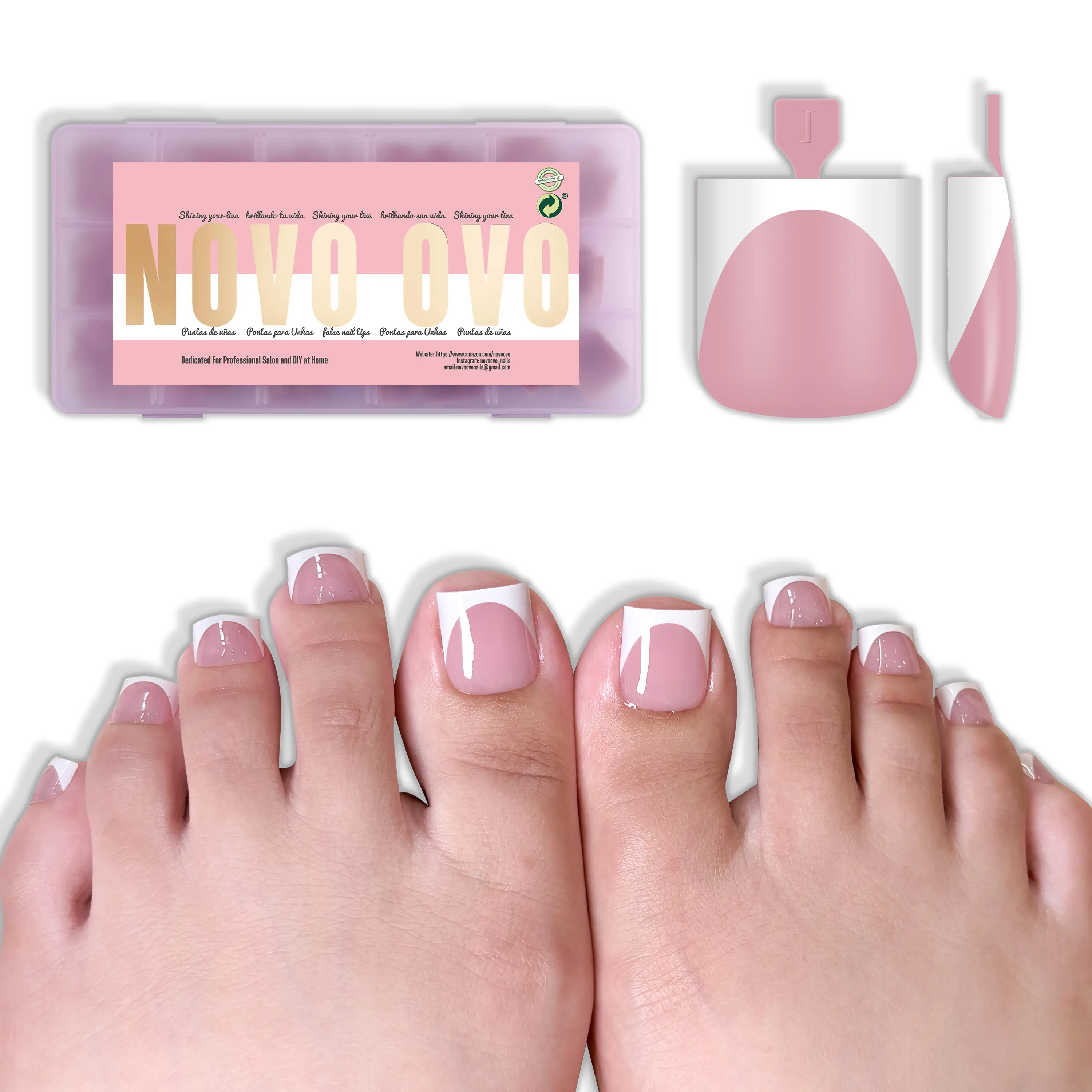 NOVO OVO Deep Curve French Toe Nail Tips, Pre-Designed Soft Gel Decorated Nails , Sharp Square Full Cover Extension for DIY, 240 Pcs, 15 Sizes, Gel Nails At Home