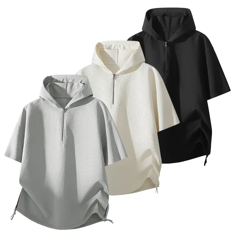 Men's Fashion Relaxed Cut Medium Length Plain Breathable Polyester Half-Zip Sweatshirt - Minimalist Short-Sleeve Zip Up Hoodie with Side Drawcord, Adjustable Curved Hem, Foldable, Cold Wash Compatible Daily Top for Campus Gatherings, City Walking