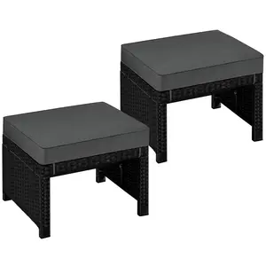 Costoffs Set of 2 Wicker Ottomans with Removable Cushions, PE Rattan Outdoor Footrests & Side Tables for Extra Seating on Patio or Backyard
