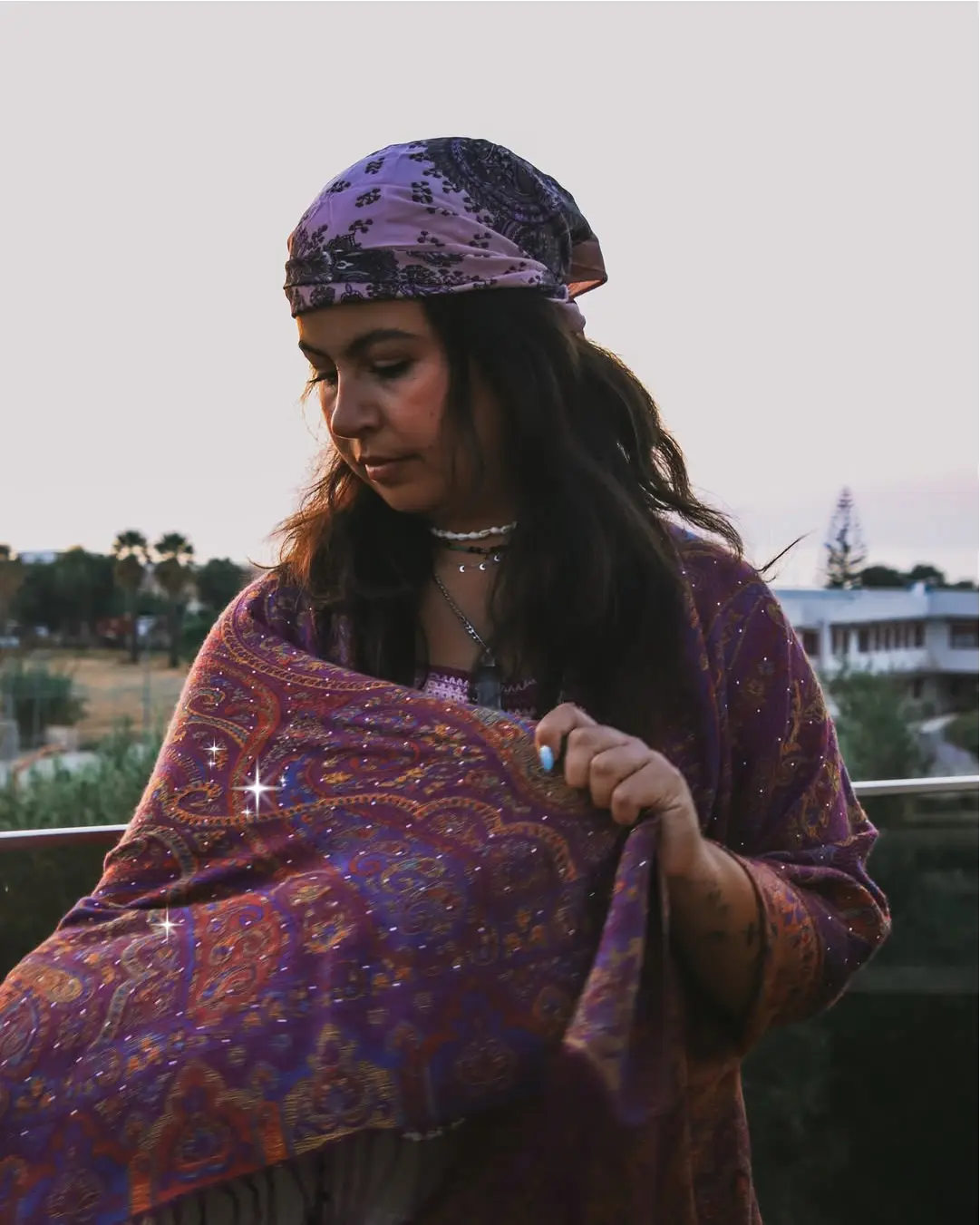 Purple Sparkly Rhinestone Pashmina with Iridescent Rainbow Crystal Gems Machine Washable