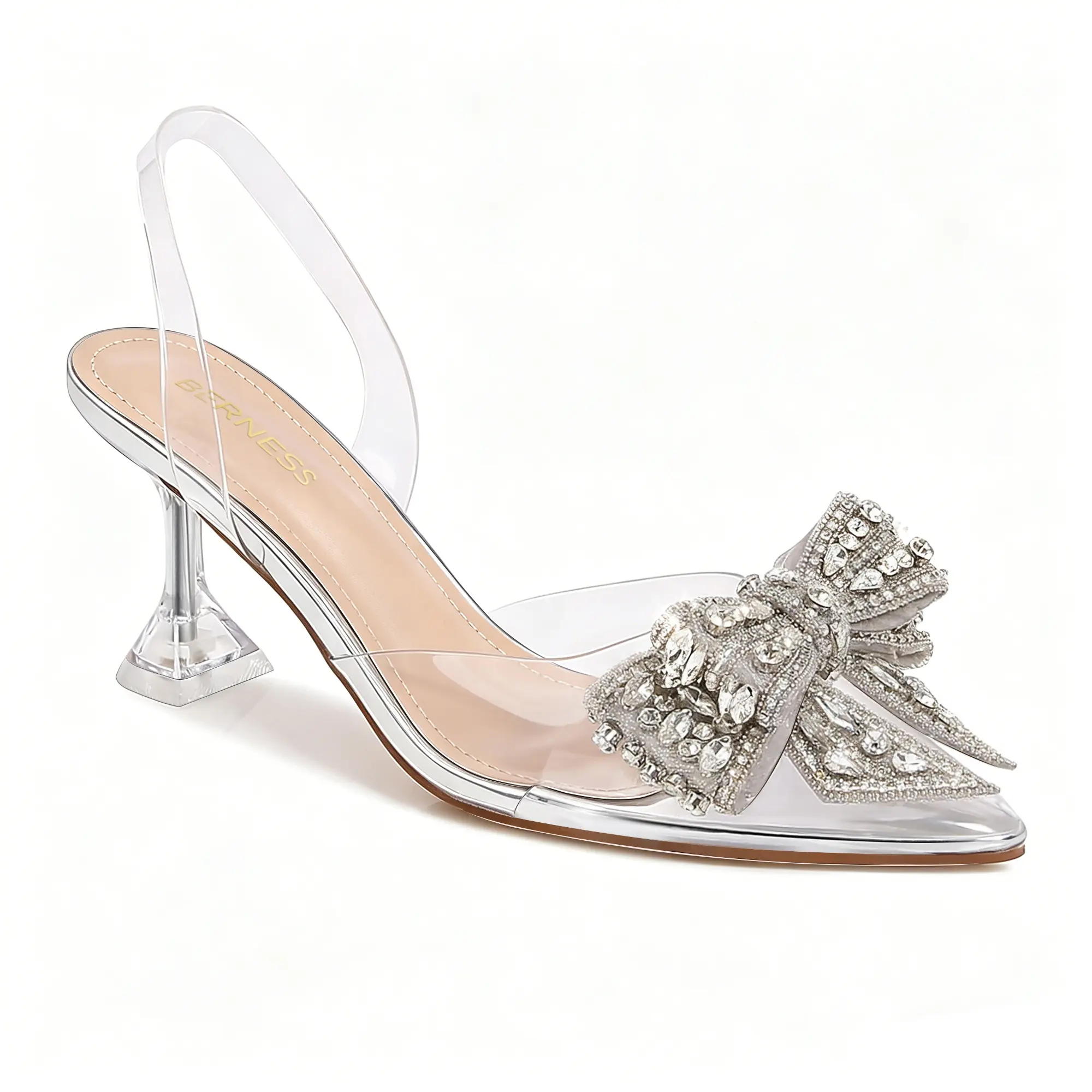 BERNESS Nina Women's Wedding Guest Kitten Heels, Crystal Bow Clear Pointed Toe Slingback Pumps with Rhinestone Detail for Party, Date Night and Summer Events