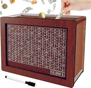 Savings Challenge Box, 10k Wooden Piggy Bank with Counter, Money Saving Box for Kids and Adults, Savings Goal of $10000, Easy to Assemble Cash Vault, Ideal Gift (Dark Brown)