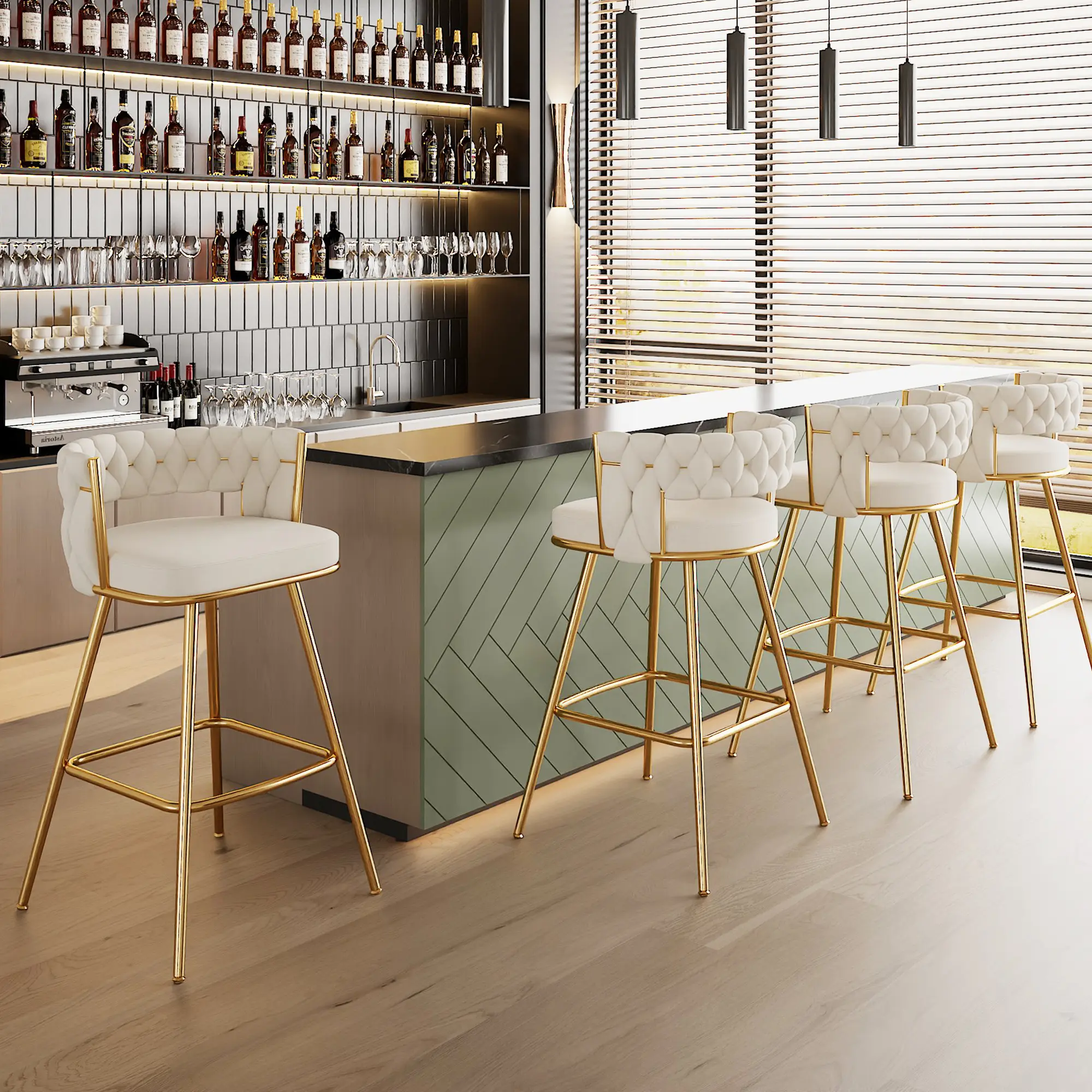 Bar Stools Set of 2/4 Counter Height Upholstered Morden Barstools with High Backs 4 Metal Legs Chair for Kitchen Island Dining Room Bar