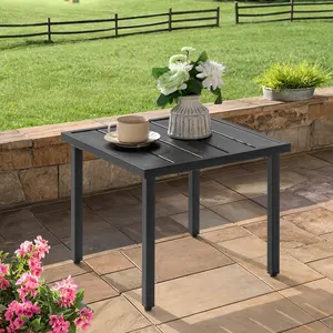 Square Metal Outdoor Side Table with Slatted Tabletop, Powder-Coated Frame