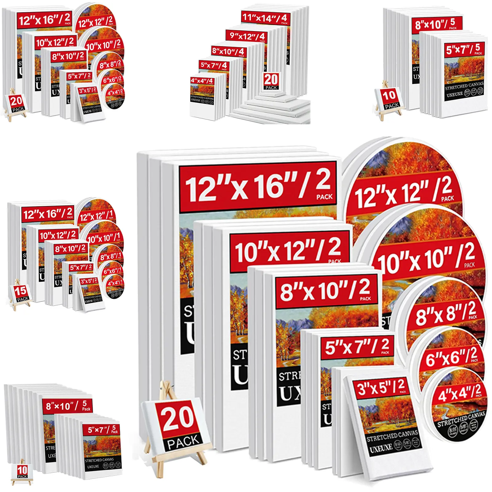 Stretched Canvas, Multi Pack Sizes: 12x16, 11x14, 10x12, 8x10, 5x7, 4x4 - 10pcs/15pcs/20pcs Sets, Including Round Painting Canvases, Primed White - 100% Cotton Artist Canvas Boards For Painting, Acrylic Pouring, Oil Paint Dry & Wet Art Media Art Materials