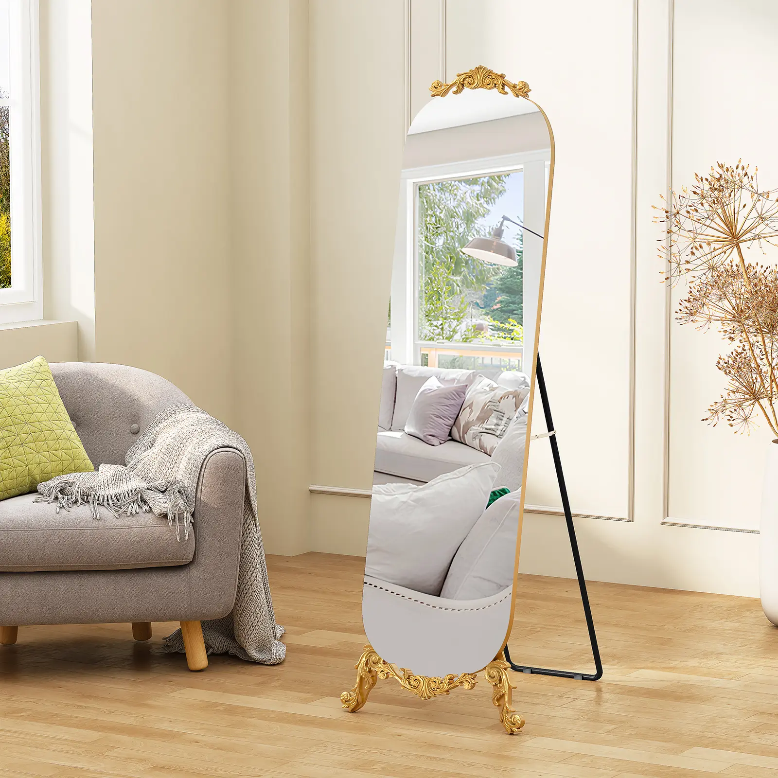 Full-Length Gold-Framed Mirror with Exquisite Wrought Iron Carvings, HD Silver Mirror, Anti-Sputtering Glass, Elegant Triangular Metal Stand for Living Room, Bedroom, or Hallway, Vintage Luxury Style, Full-Body Reflection, Sturdy, Easy-Clean tiktokshopspr