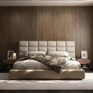 Modern Luxury Bedroom Furniture Floating Vintage Double Bed Upholstered Soft Queen King Size Smart Wooden Bed Frame Leather