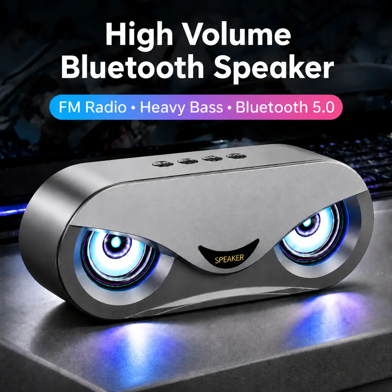 2026 New Bluetooth Speaker, High Volume, Eye-Inspired Design, Multicolor Ambient Lighting, Connect via USB/TF Card/AUX, Long Battery Life, Upgraded Bluetooth 5.0 Dual Speakers (with Subwoofer), Portable Bass Speaker — Black/Silver Gray Indoor Model
