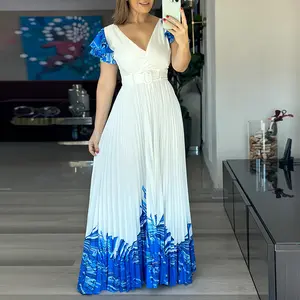 ChicMe Women's Colorblock Placement Print Spliced Overlap V-Neck Ruffles Sleeve Pleated Maxi Dress Elegant Zipper Back Cinched Waist Vacation Dress with Belt