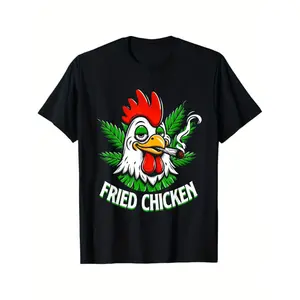 Unique Chicken Print Cotton T-Shirt For Men Casual Crew Neck Short Sleeve Tee In Black