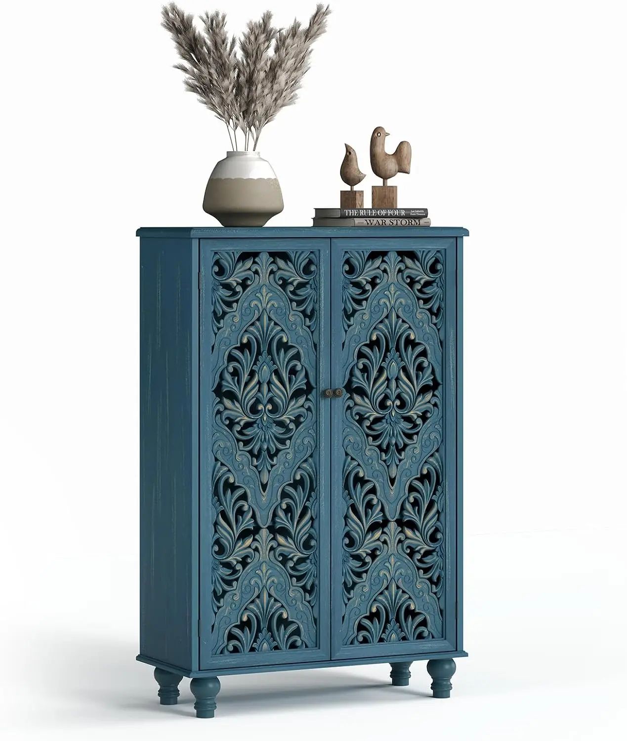 47" Boho Farmhouse Freestanding Indoor Cupboard - Navy Blue Mandala Carved Hollow Style Accent Cabinet, Solid Wood Legs, 100lbs Storage Furniture Organizer for Entryway, Living Room Coffee Bar Cabinets, Freestanding Cabinet