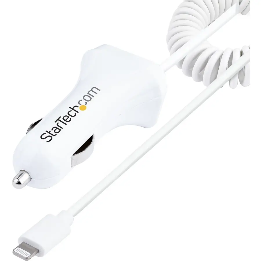 StarTech Lightning Plug-In Car Charger, 12W Max Power, 1m Coiled Cable, White (USBLT2PCARW2)