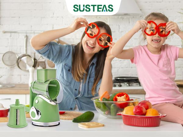 SUSTEAS Vegetable Chopper 18/10 Stainless Steel with 6 Replaceable Blades, Strong Suction Cup Base, Durable Design for Easy Cooking Kitchenware Utensils New Green
